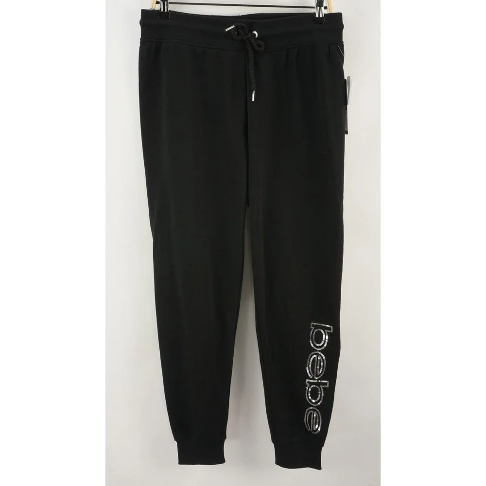 $79 Bebe‎ Sport Fleece Jogger Sweatpants Women's Large Stretch Black Silver Logo